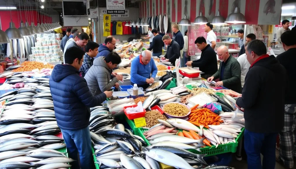 Image of a bustling fish market with fresh catches on display