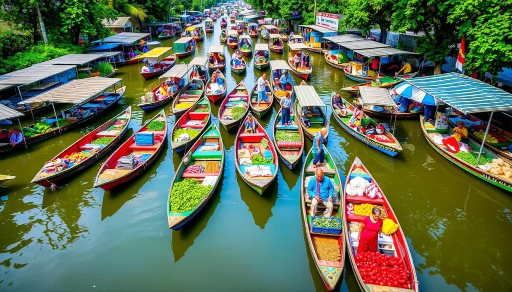 Image of a bustling floating market in the Mekong Delta with numerous boats selling fresh produce