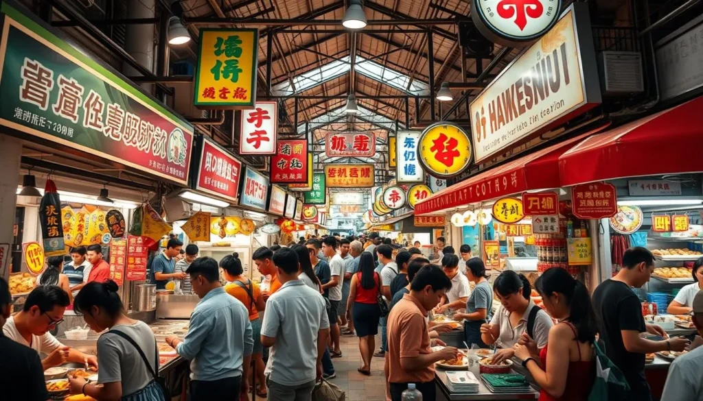 Image of a bustling hawker center in Singapore
