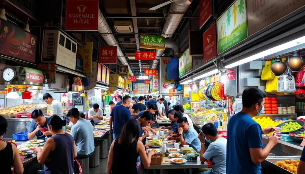 Image of a bustling hawker center with various stalls