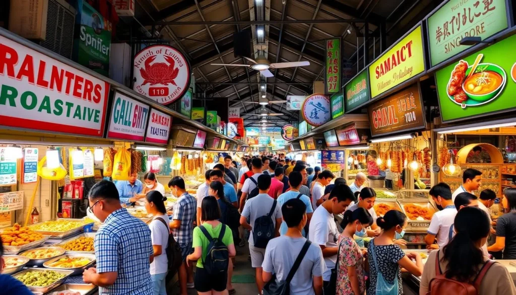 Image of a bustling hawker center with various stalls serving different Singaporean dishes