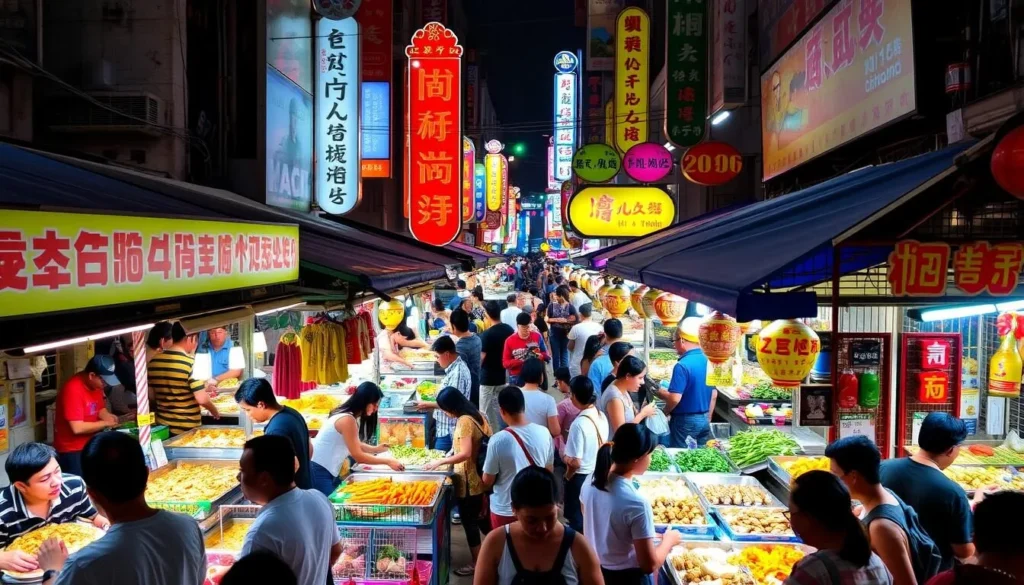 Image of a bustling night market in Xinbei with a variety of street food stalls.