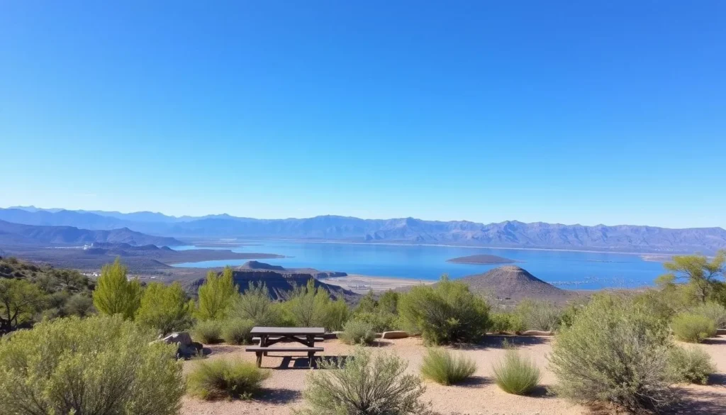Image of a campsite at Lake Havasu State Park with a picnic area and lake views.