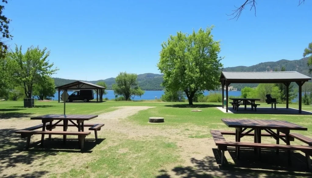 Image of a campsite at San Luis Reservoir with picnic tables and shade structures.