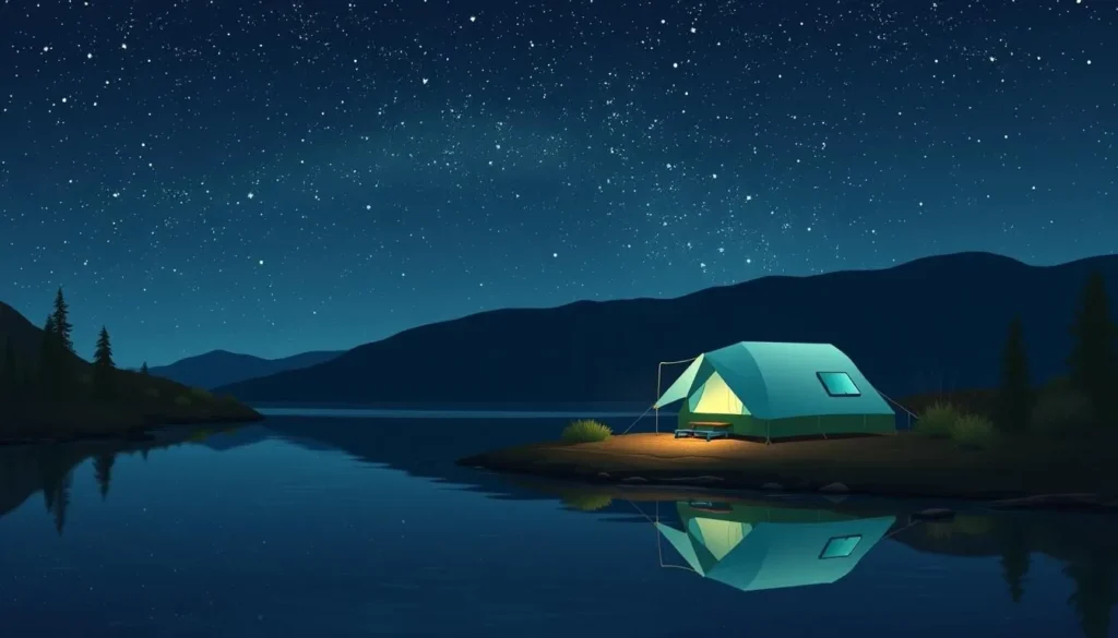 Image of a campsite at Strawberry Reservoir under a starry night sky