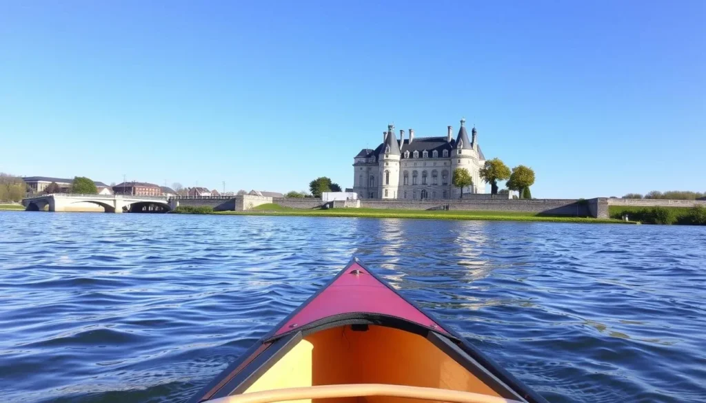 Image of a canoe paddling on the Loire River with a château in the background