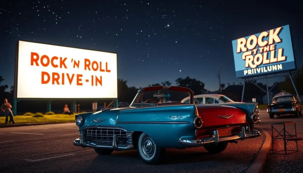 Image of a car at the Rock 'n' Roll Drive-In watching a movie under the stars.