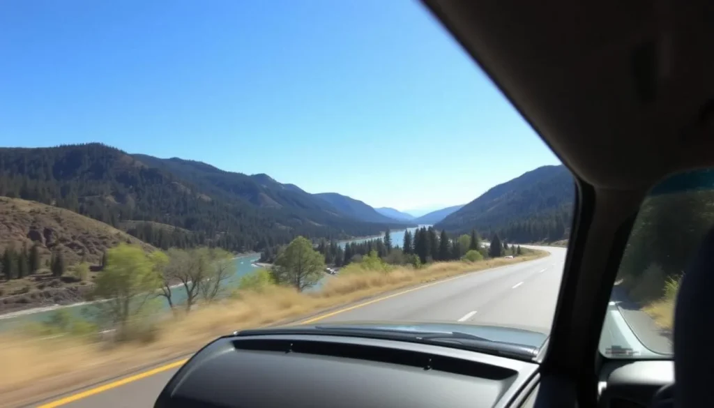 Image of a car driving along the Bigfoot Scenic Byway with the Klamath River in the background