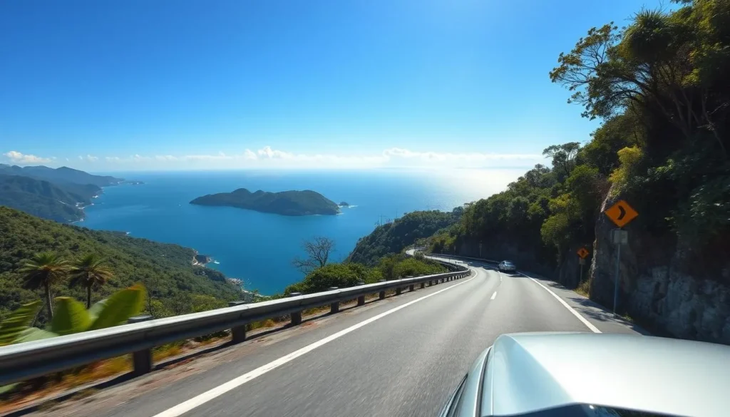 Image of a car driving along the Hai Van Pass with the East Sea in the background