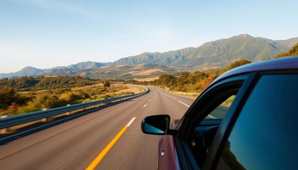 Image of a car driving on Highway 1 along the North Coast Ranges
