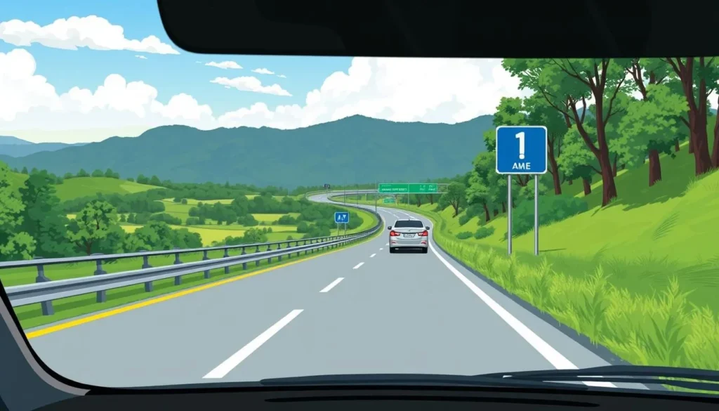 Image of a car driving on Highway 2 (Mittraphap Road) towards Nakhon Ratchasima
