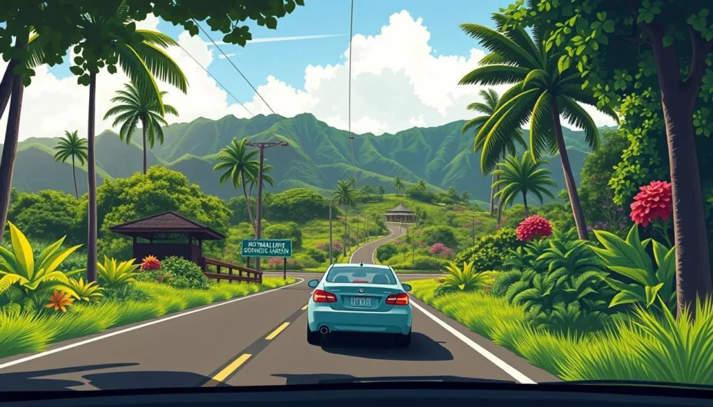 Image of a car driving on Luluku Road towards Ho'omaluhia Botanical Garden