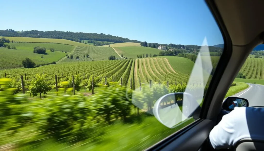 Image of a car driving through Bordeaux vineyards