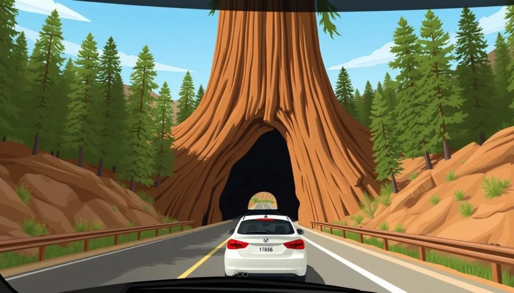 Image of a car driving through Tunnel Log in Sequoia National Park