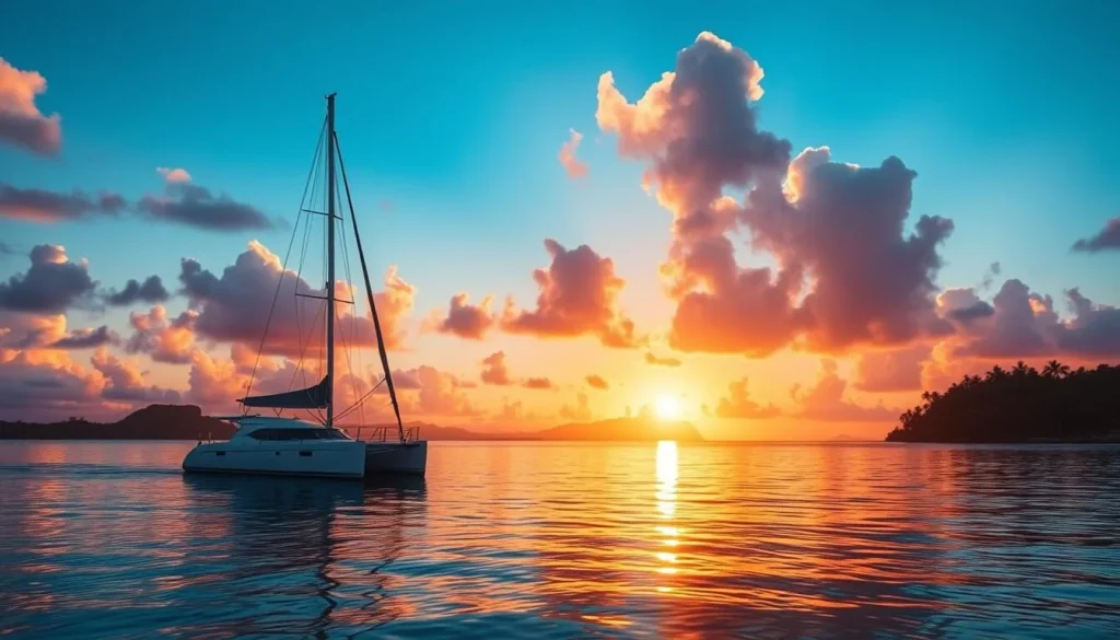 Image of a catamaran sailing in Moorea's lagoon during sunset