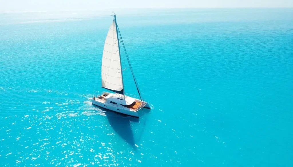 Image of a catamaran sailing on Laguna de Bacalar with the famous seven shades of blue visible in the water.