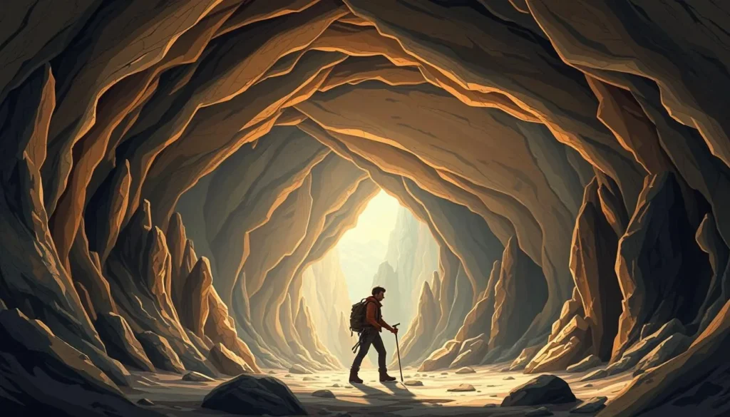 Image of a cave explorer walking through a vast underground cavern with stunning rock formations.