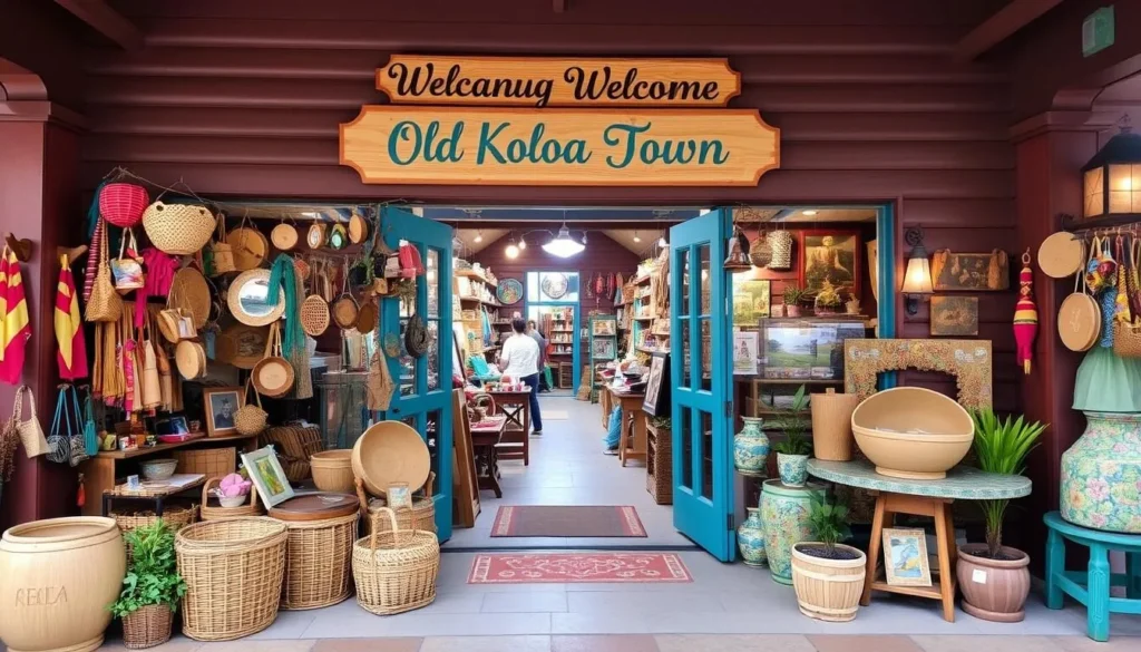 Image of a charming shop in Old Koloa Town with local handicrafts on display