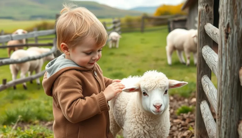 Image of a child petting a lamb at a pet farm in Connacht, Ireland