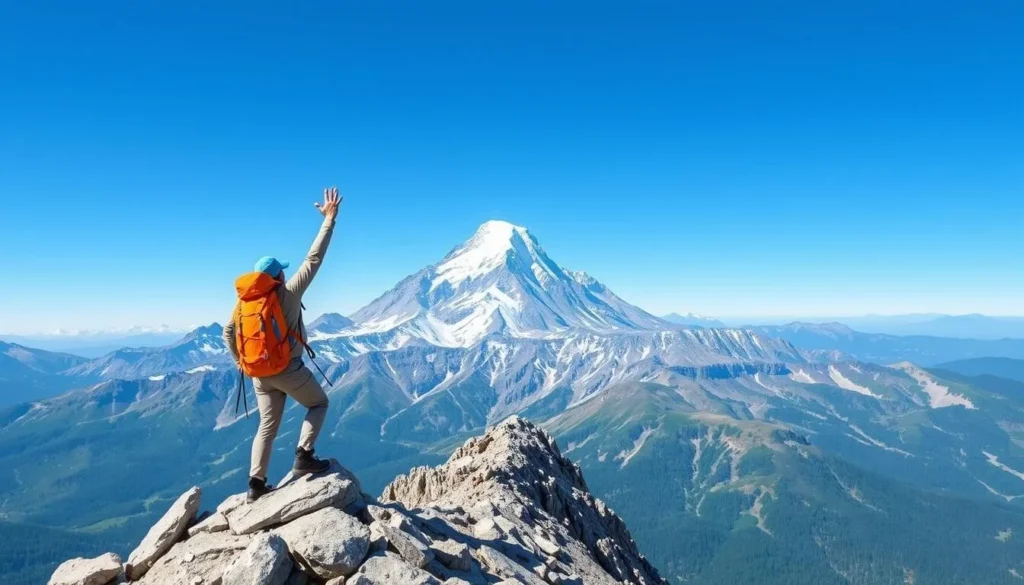 Image of a climber reaching the summit of Mount Shasta