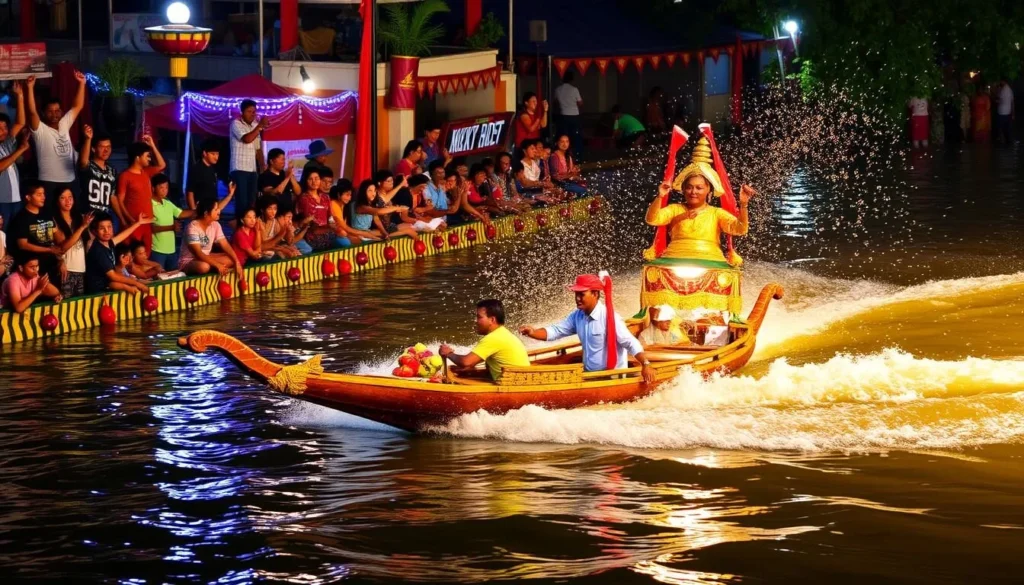 Image of a colorful boat racing during the Water Festival in Phnom Penh