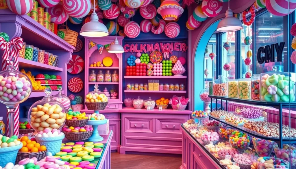 Image of a colorful candy shop with a variety of sweets on display