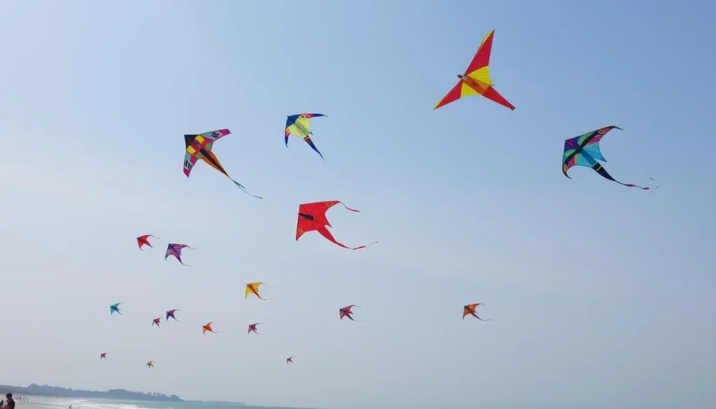 Image of a colorful kite display at SkyFest on Sihanoukville's beach