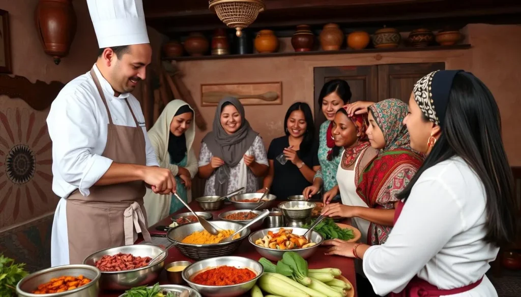 Image of a cooking class in Marrakech with a chef teaching students how to prepare a traditional Moroccan dish.