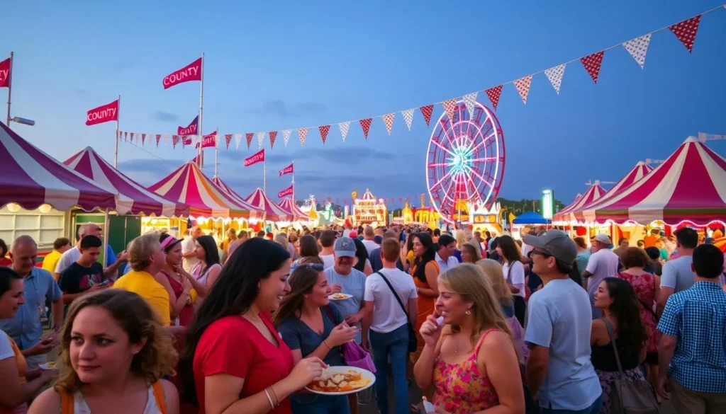 Image of a county fair with people enjoying rides and local food