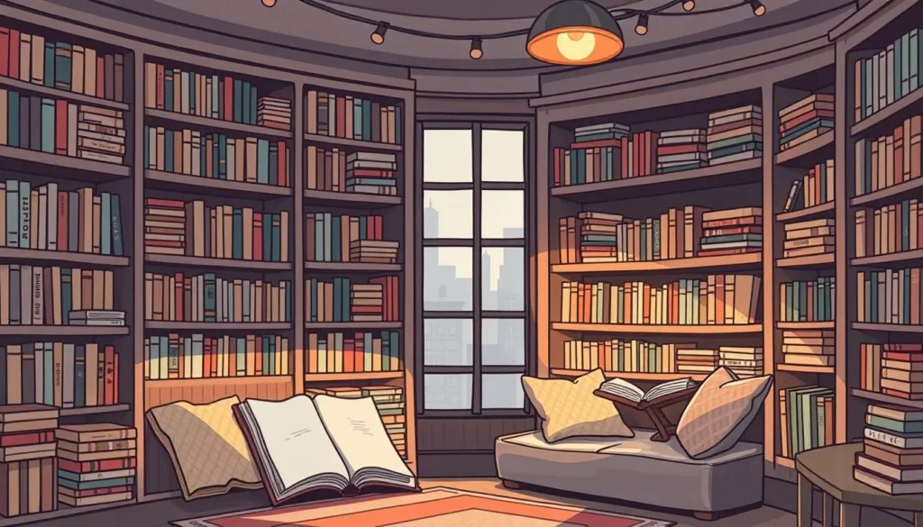 Image of a cozy bookstore with shelves of books and a comfortable reading nook