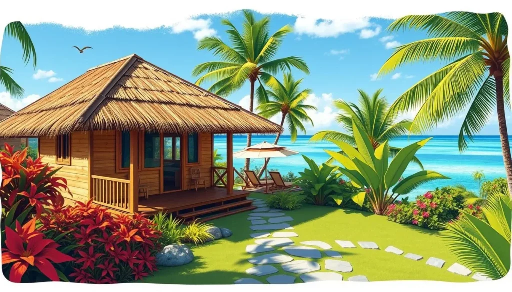 Image of a cozy bungalow at Pension Vaimiano in Raivavae, surrounded by lush gardens and overlooking the lagoon.