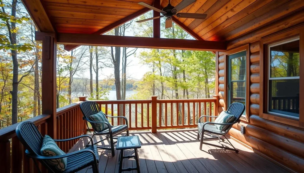 Image of a cozy cabin-style vacation rental in Ozark, Missouri, with a private deck
