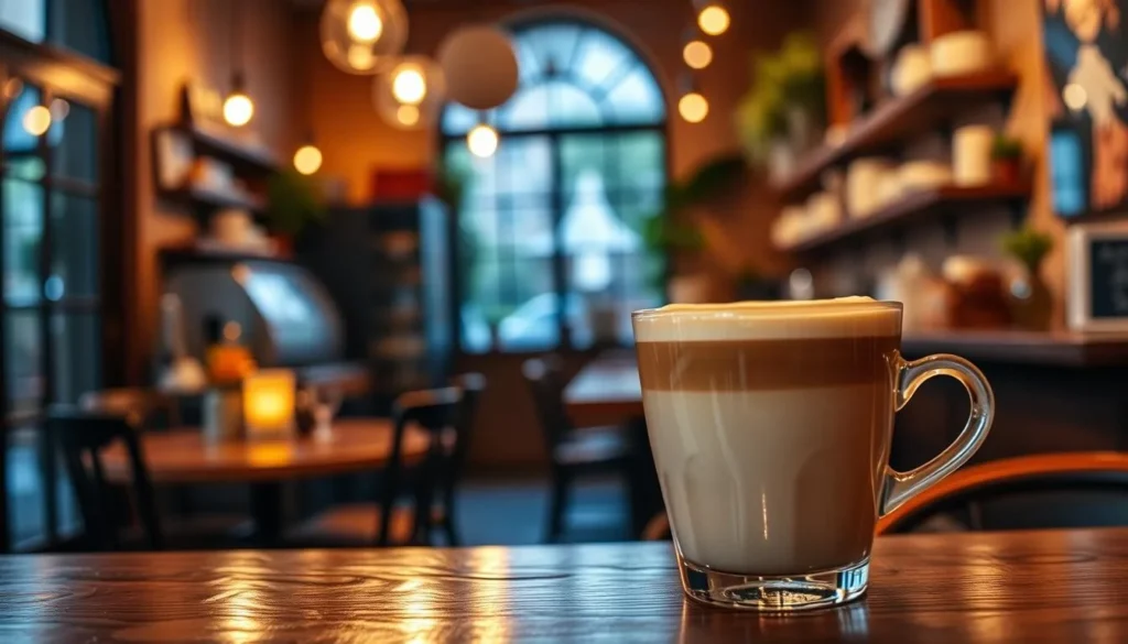 Image of a cozy coffee shop with a warm atmosphere and a cup of coffee