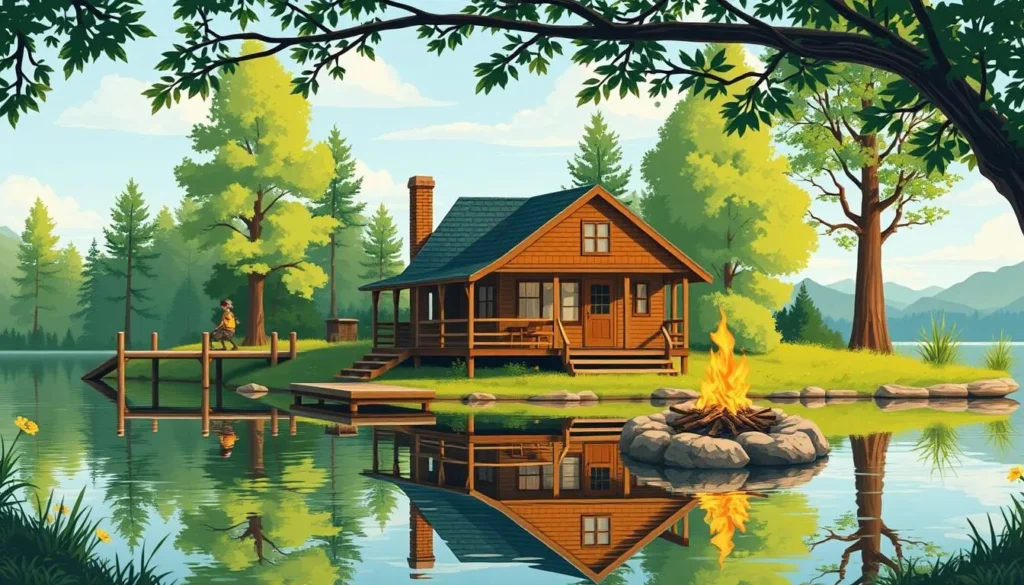 Image of a cozy lakefront cabin with a private dock and a fire pit