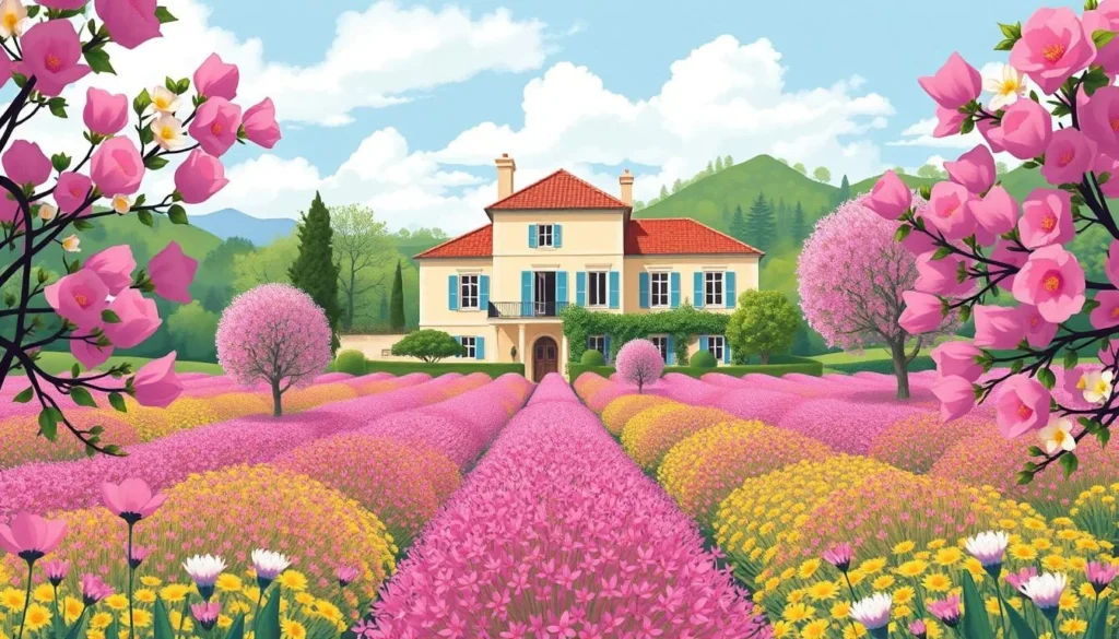 Image of a cozy villa in Grasse, France, surrounded by perfume fields during spring