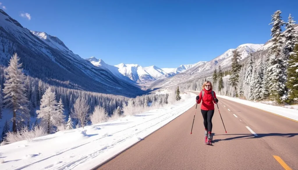 Image of a cross-country skier on Going-to-the-Sun Road during winter Image of a cross-country skier on Going-to-the-Sun Road during winter