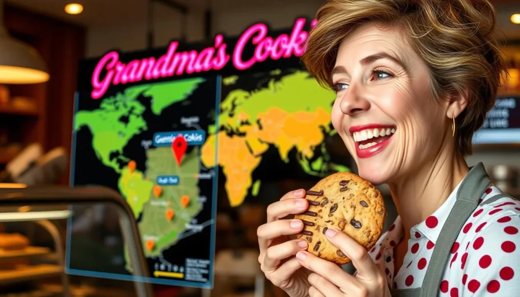 Image of a customer enjoying a cookie at Grandma's Cookies with the interactive map in the background