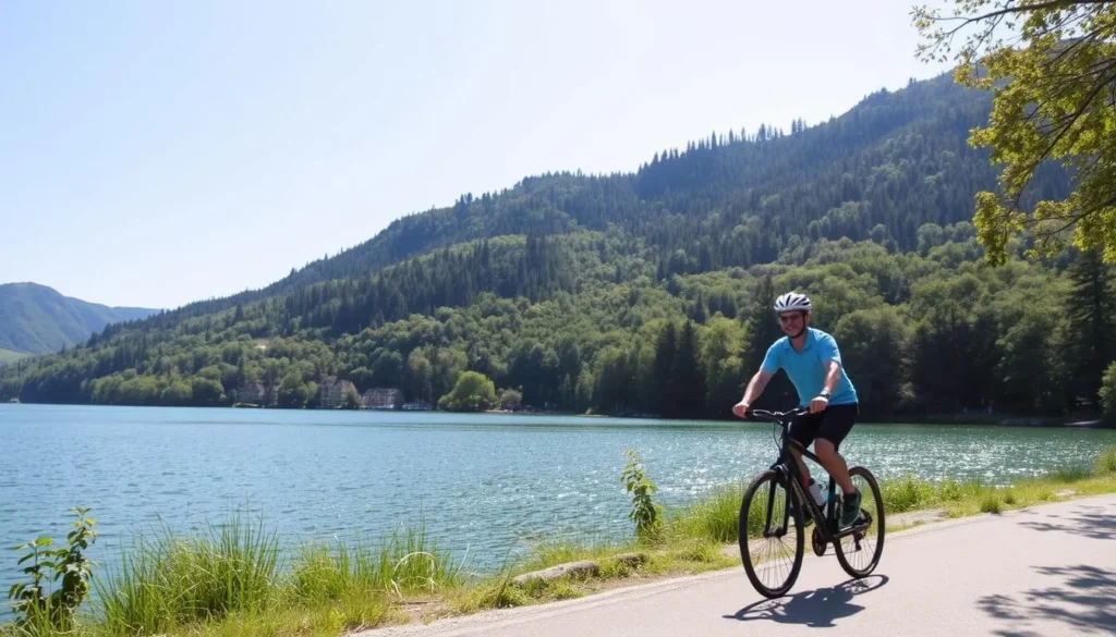 Image of a cyclist riding along the Lake Murten shoreline