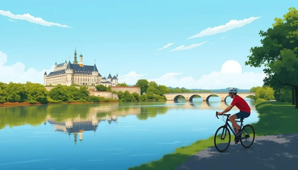 Image of a cyclist riding along the Loire River with châteaux in the background