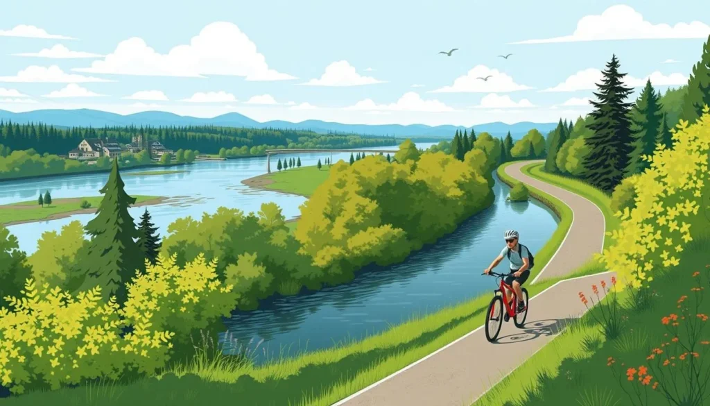 Image of a cyclist riding along the Willamette River Bike Trail