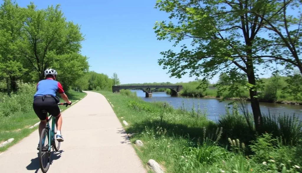 Image of a cyclist riding on the Loveland Bike Trail with the Little Miami River in the background.