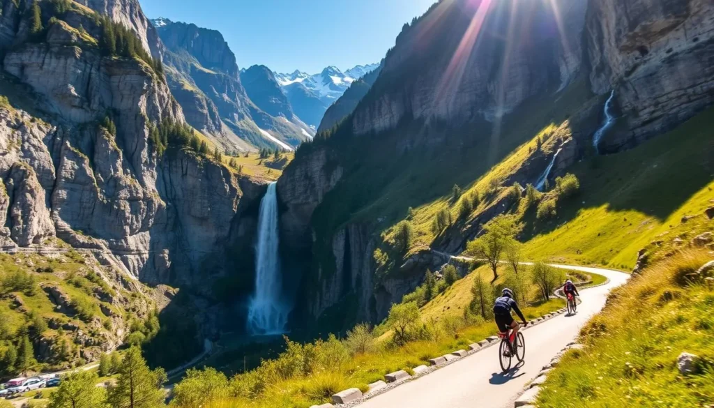 Image of a cyclist riding through Lauterbrunnen Valley