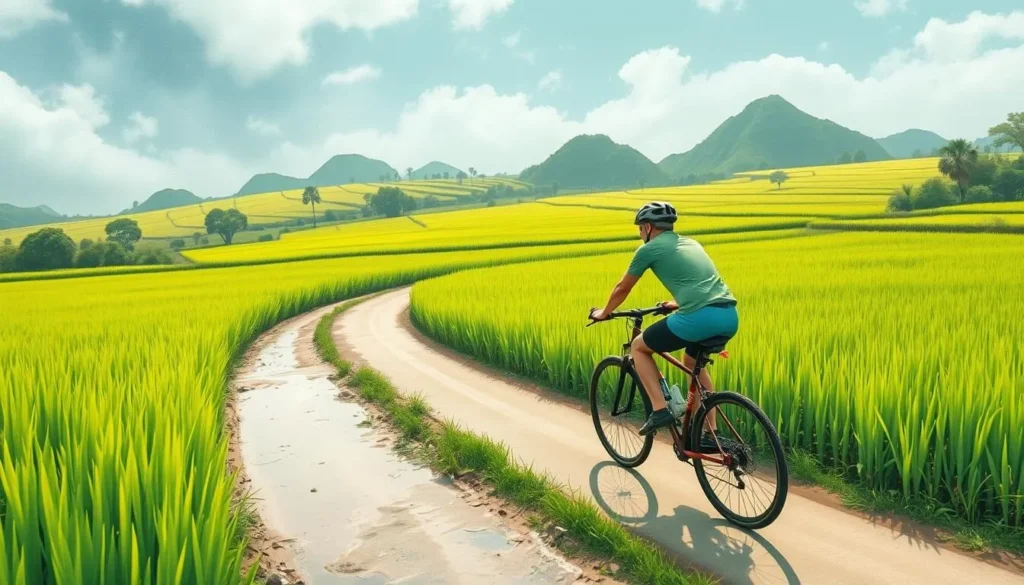 Image of a cyclist riding through Phong Nha's rice paddies