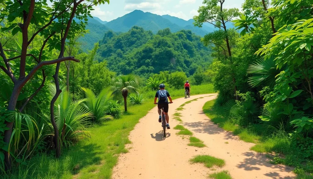 Image of a cyclist riding through a scenic trail in Ba Bể National Park
