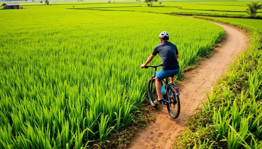 Image of a cyclist riding through rice fields in Battambang