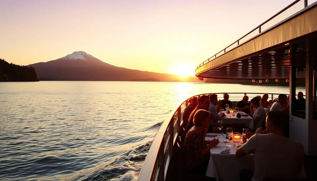 Image of a dinner cruise on Shasta Lake with Mount Shasta in the background