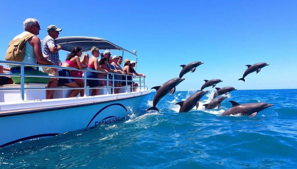 Image of a dolphin cruise with people on the boat