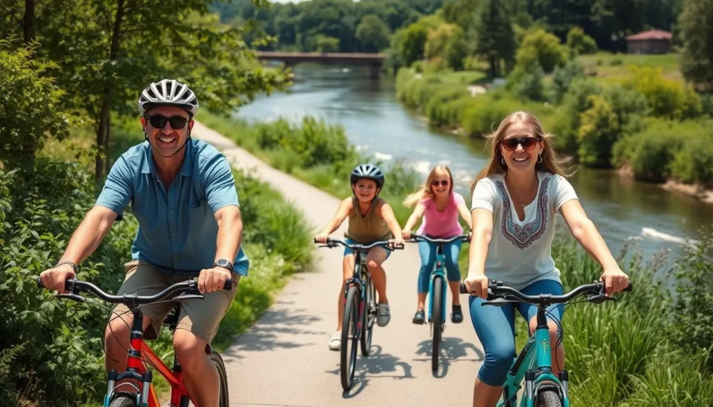 Image of a family biking along the River Trail in Marietta, Ohio