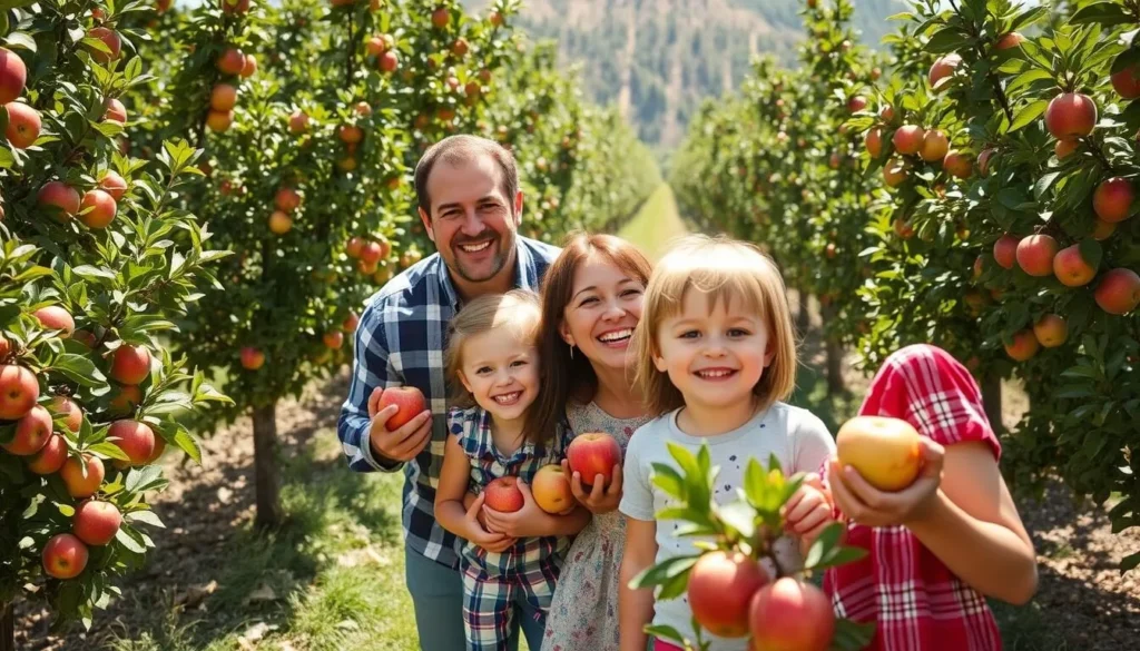 Image of a family enjoying apple picking in a Tehachapi Mountains orchard