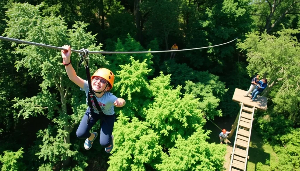 Image of a family member navigating a zip line at Tree to Tree Adventure Park